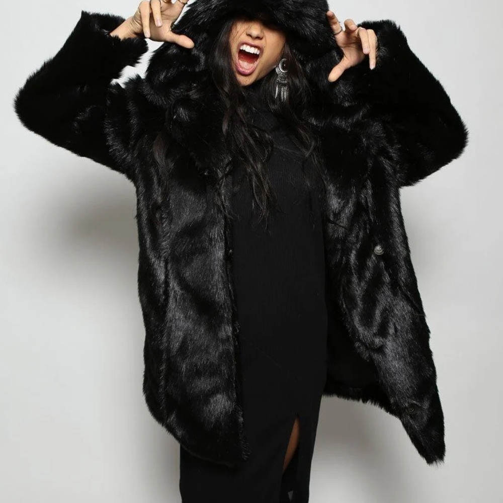 Authentic Spirithoods Black Panther Faux Fur Coat with Hood And Ears